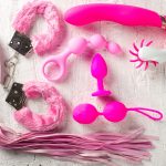 Different sex toys fur handcuffs, love balls, butt plug, and other