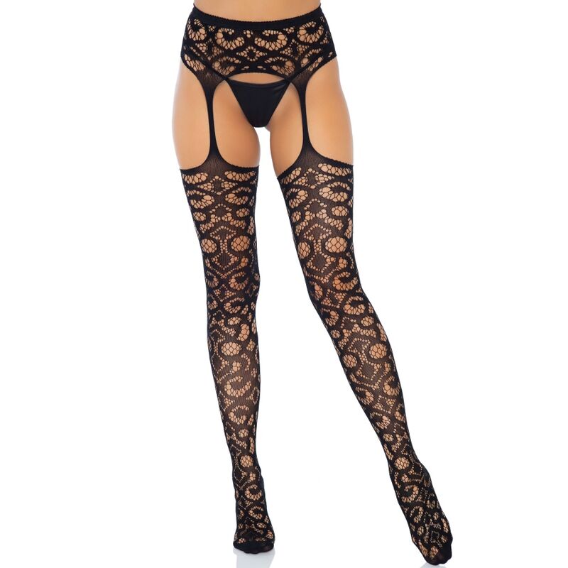 LEG AVENUE – SCROLL LACE GARTER BELT STOCKINGS ONE SIZE