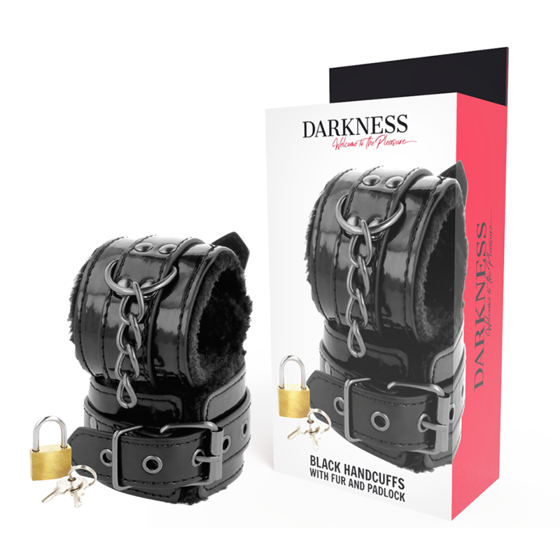 DARKNESS – BLACK ADJUSTABLE LEATHER HANDCUFFS WITH PADLOCK