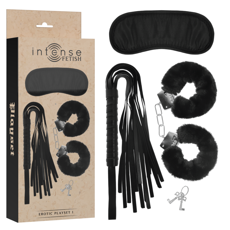 INTENSE – FETISH EROTIC PLAYSET 1 WITH HANDCUFFS, BLIND MASK AND FLOGGER