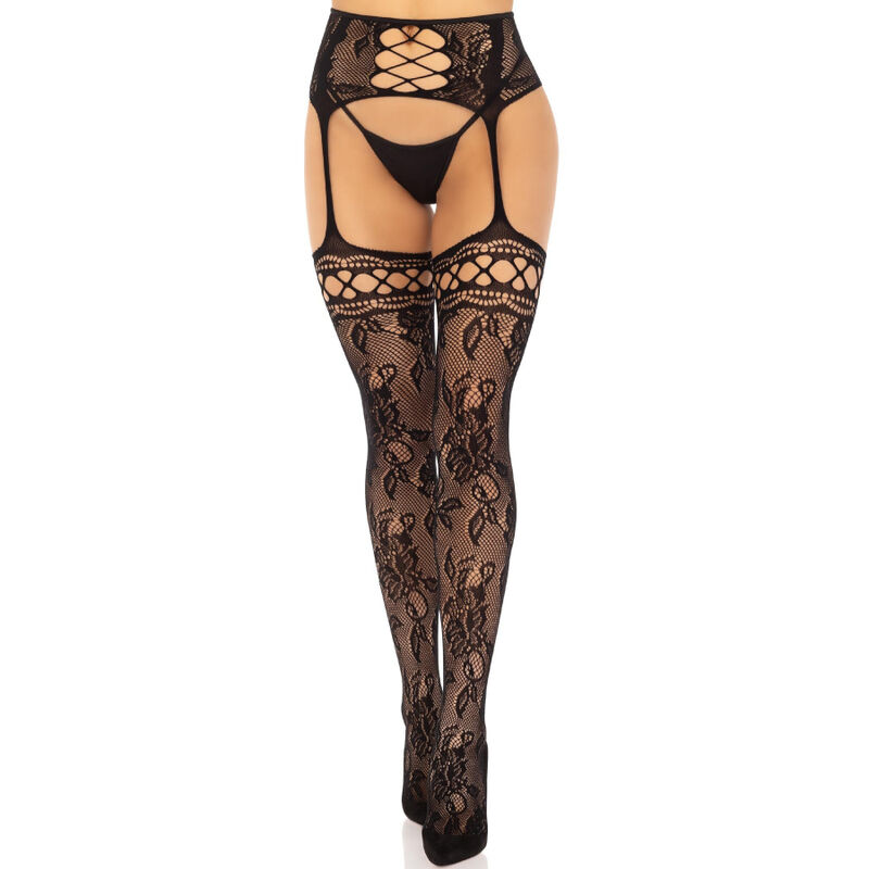 LEG AVENUE – FLORAL LACE GARTER STOCKINGS BLACK