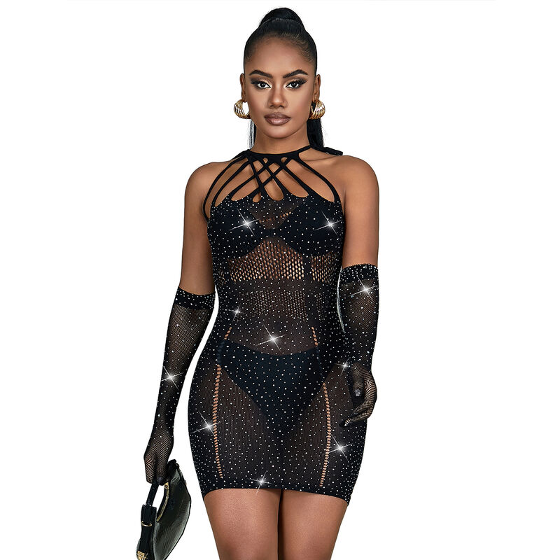 SUBBLIME – 952235 FISHNET BODYSTOCKING WITH RHINESTONES AND BLACK GLOVES ONE SIZE