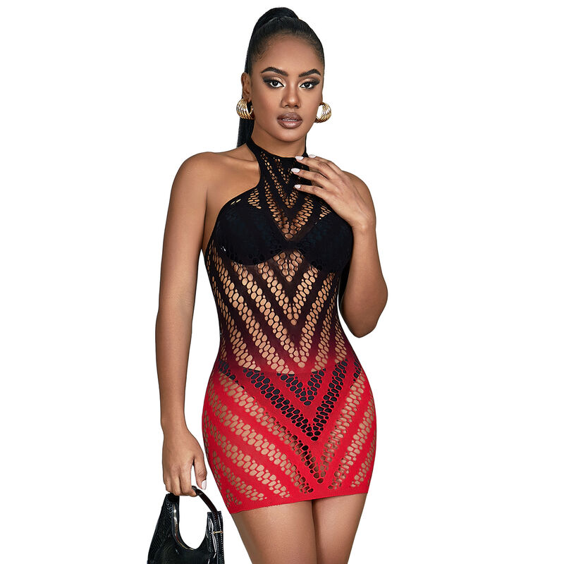 SUBBLIME – 952242 RED AND BLACK DEGRADED ELASTIC FISHNET BODYSTOCKING ONE SIZE