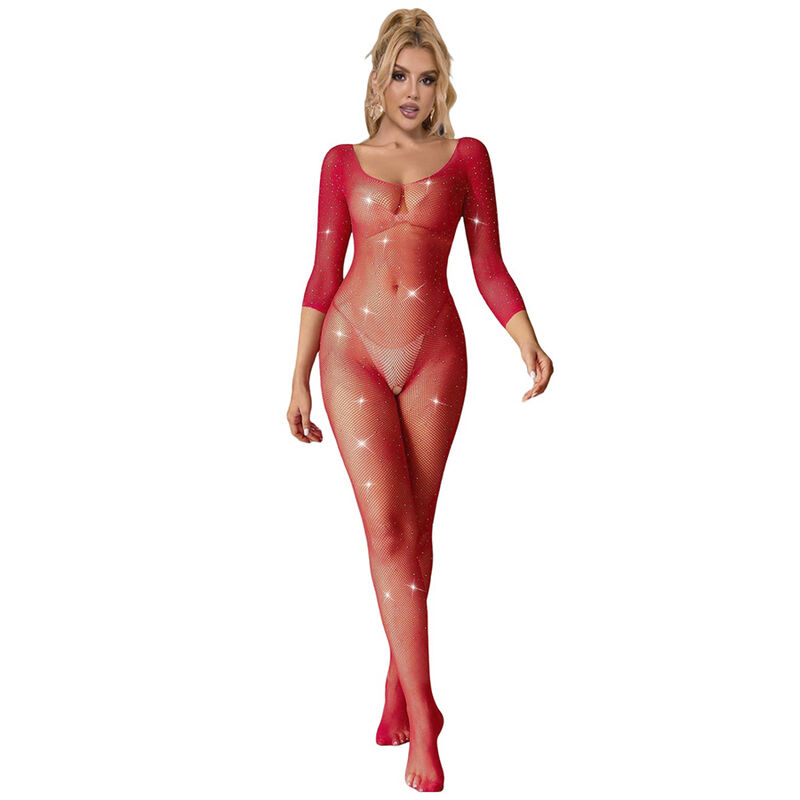 SUBBLIME – 952419 FISHNET BODYSTOCKING WITH DIAMONDS LONG SLEEVE RED ONE SIZE