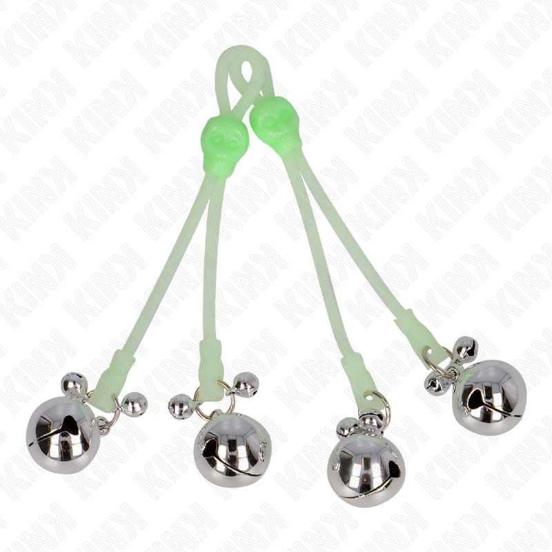 KINK – LUMINOUS SKULL NIPPLE CLAMPS WITH RING BELLS ADJUSTABLE GREEN / SILVER