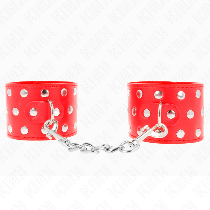 KINK – WRIST RESTRAINTS WITH SNAP FASTEN FULL OF RIVETS RED ADJUSTABLE 19-24 CM X 5.5 CM