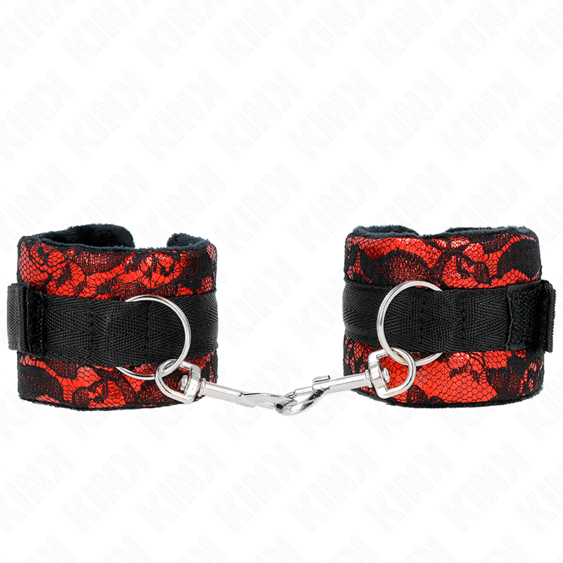 KINK – SHORT VELVET LACE WRIST RESTRAINTS AND NYLON BIND RED / BLACK 23 X 6.5 CM