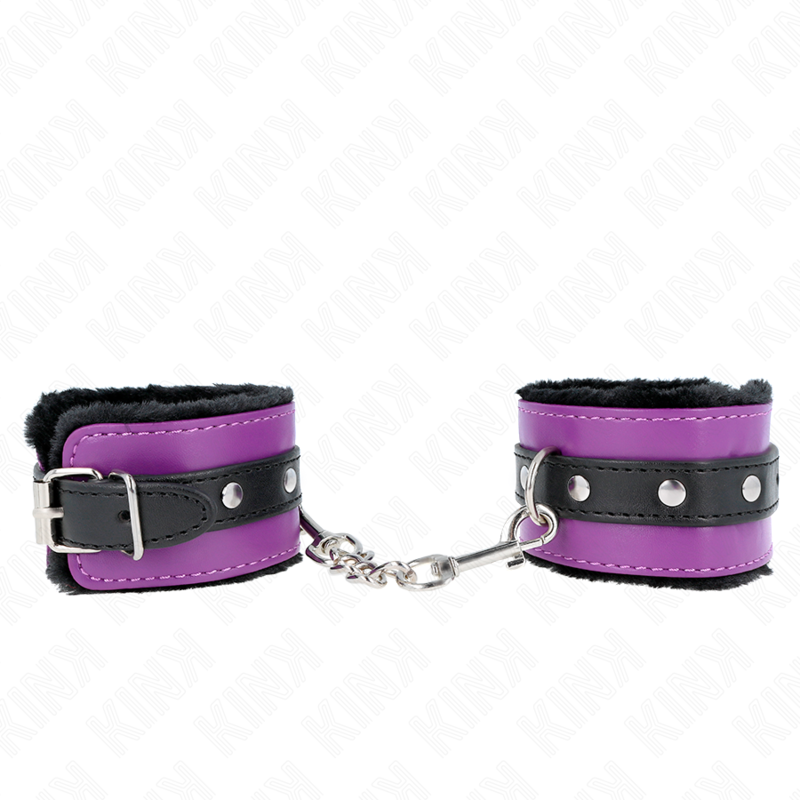 KINK – PREMIUM FUR LINED WRIST RESTRAINTS BLACK WITH PURPLE / BLACK BELT ADJUSTABLE 17-29 CM X 6 CM