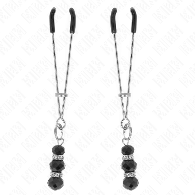 KINK – GOLD THIN NIPPLE CLAMPS WITH 3 BLACK GLASS BEADS 7 CM