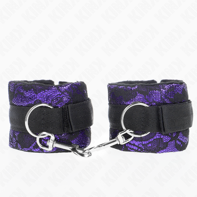 KINK – SHORT VELVET LACE WRIST RESTRAINTS AND NYLON BIND PURPLE / BLACK 23 X 6.5 CM