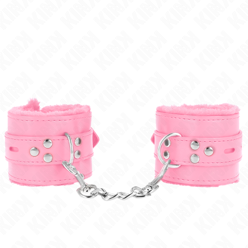 KINK – FUR LINED WRIST RESTRAINTS WITH SQUARE HOLES PINK AND PINK BELT ADJUSTABLE 17-29 CM X 6 CM