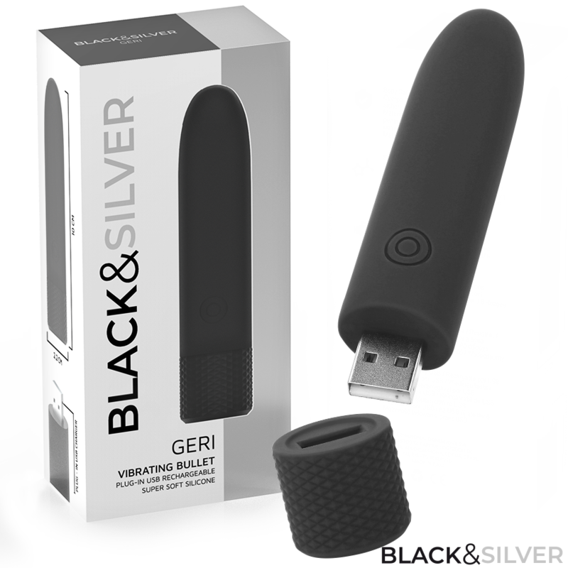 BLACK  SILVER – GERI USB RECHARGEABLE VIBRATING BULLET 8 VIBRATIONS BLACK 10 X 2.2 CM