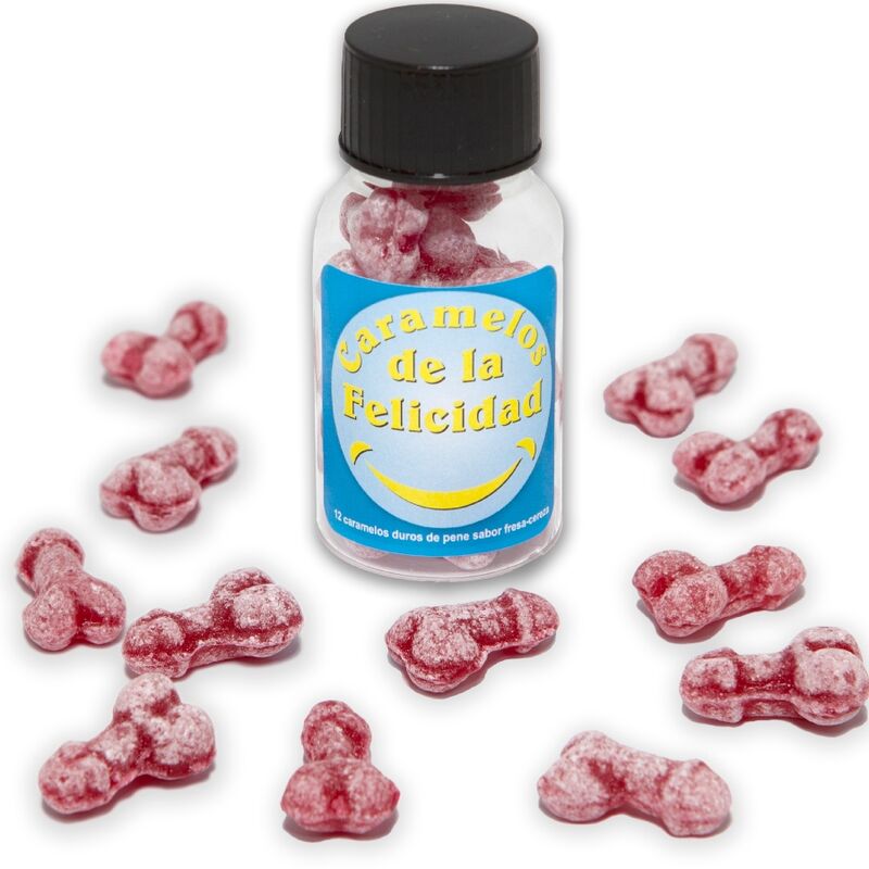 DIABLO PICANTE – JAR OF 12 STRAWBERRY/CHERRY HAPPY PENIS-SHAPED CANDIES