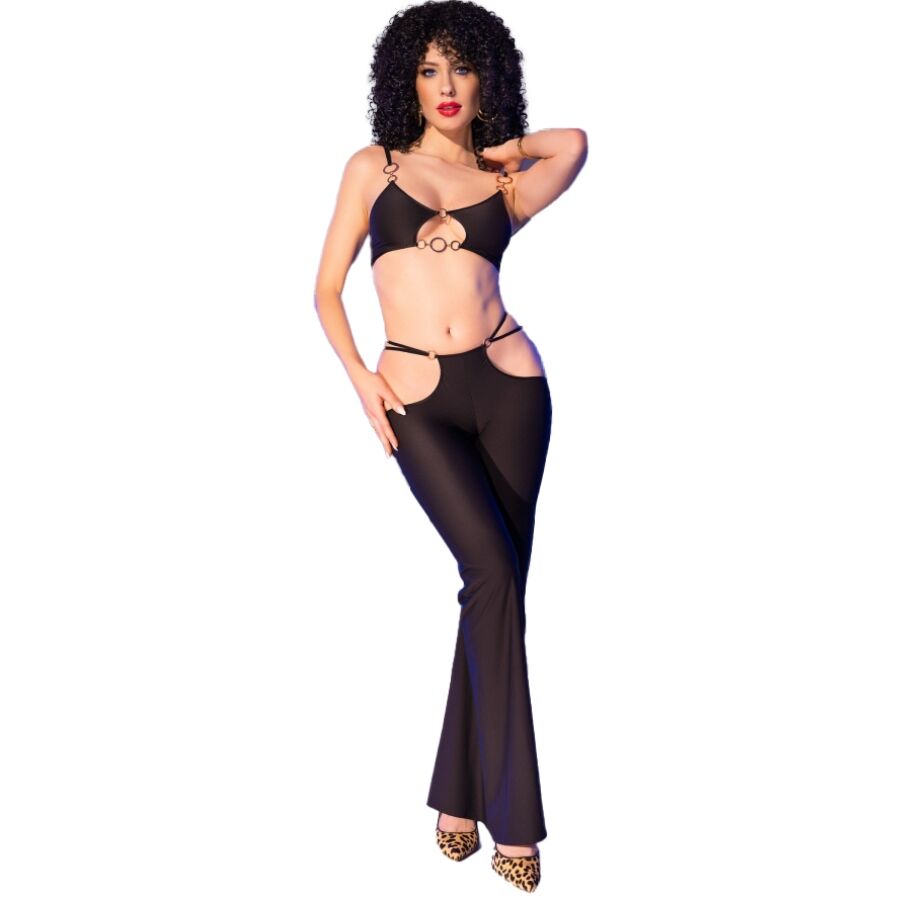 CHILIROSE – CR 4851 SET TOP NEGRO Y LEGGINS CON COMPLEMENTOS DORADOS