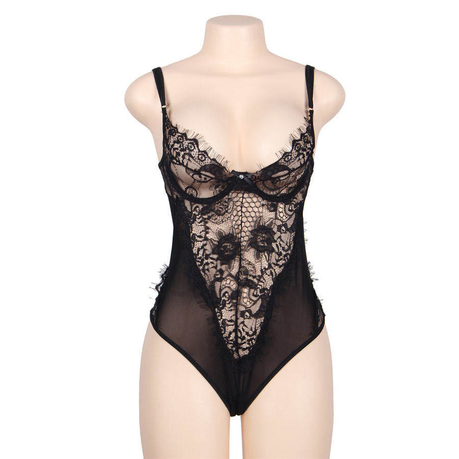 SUBBLIME – QUEEN PLUS FLORAL LACE AND FRINGED BLACK TEDDY