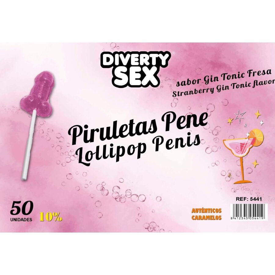 DIABLO GOLOSO – 50 PENIS LOLLIPOPS GIN TONIC STRAWBERRY FLAVOR 10% ALCOHOL